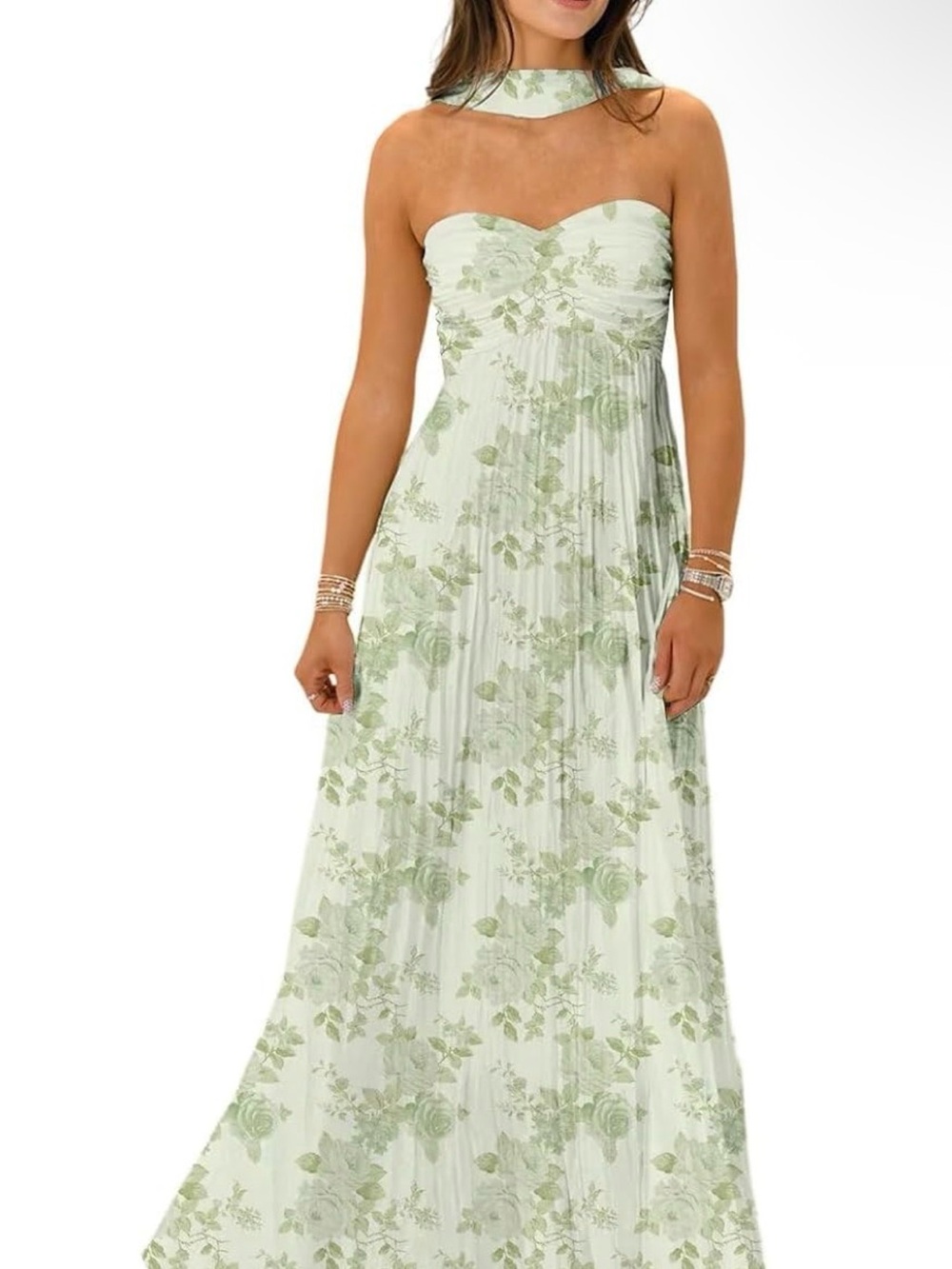 Strapless green pleated floral dress comes with scarf and clear straps